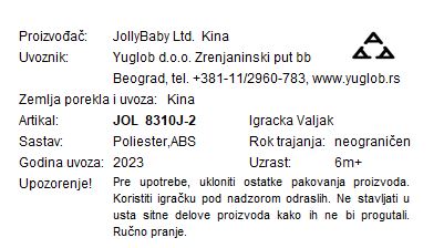 Jollybaby platnena igračka valjak na potez 8310J-2 deklaracija
